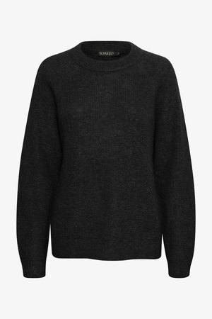 Must jaune kampsun ümmarguse kaeluse, pikad raglaanvarrukad ja tekstuuriga mustriga. Kanga välimus on pehme ja veidi vabalt liikuv.