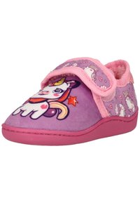 Chausson pour tout-petit violet et rose avec motifs de licorne, étoiles et cœurs, doté d'une bride Velcro rose réglable et d'une semelle rembourrée.