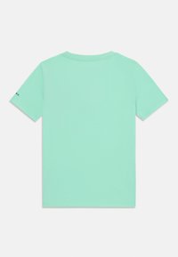 Camiseta de algodón verde menta con mangas cortas, cuello redondo y un detalle de logo bordado en la manga izquierda. Textura suave, diseño simple.