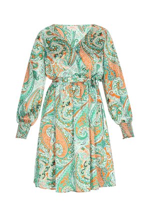 Garā piedurkņu kleita ar tirkīza, oranžu un zaļu paisley rakstu. Elastīga josta un smocki aproces uzlabo pielāgojumu un detaļas.