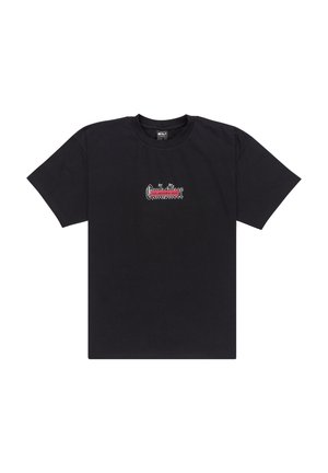 Black cotton t-shirt featuring a central logo in red and white lettering. Short sleeves and a crew neck design with a relaxed fit.