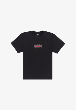 Black cotton t-shirt featuring a central logo in red and white lettering. Short sleeves and a crew neck design with a relaxed fit.