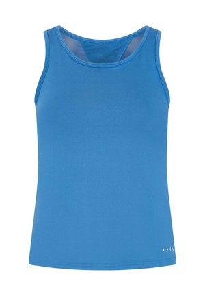 Top azul sin mangas hecho de una tela suave y ligera con un escote redondeado y tirantes delgados. Presenta un sutil bordado blanco en el dobladillo.