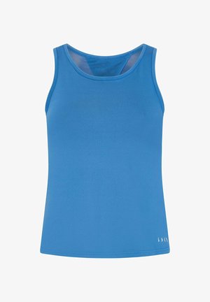 Zila bezdelne tvertnē no gludas, vieglas auduma ar noapaļotu dekoltē un plānām siksnām. Funkcija ir smalka balta šuvē pie apakšmala.