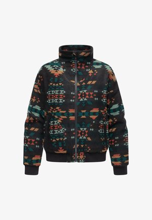 Fleece jacket with a high collar, zip closure, and vibrant geometric patterns in black, teal, orange, and cream. Features ribbed cuffs.