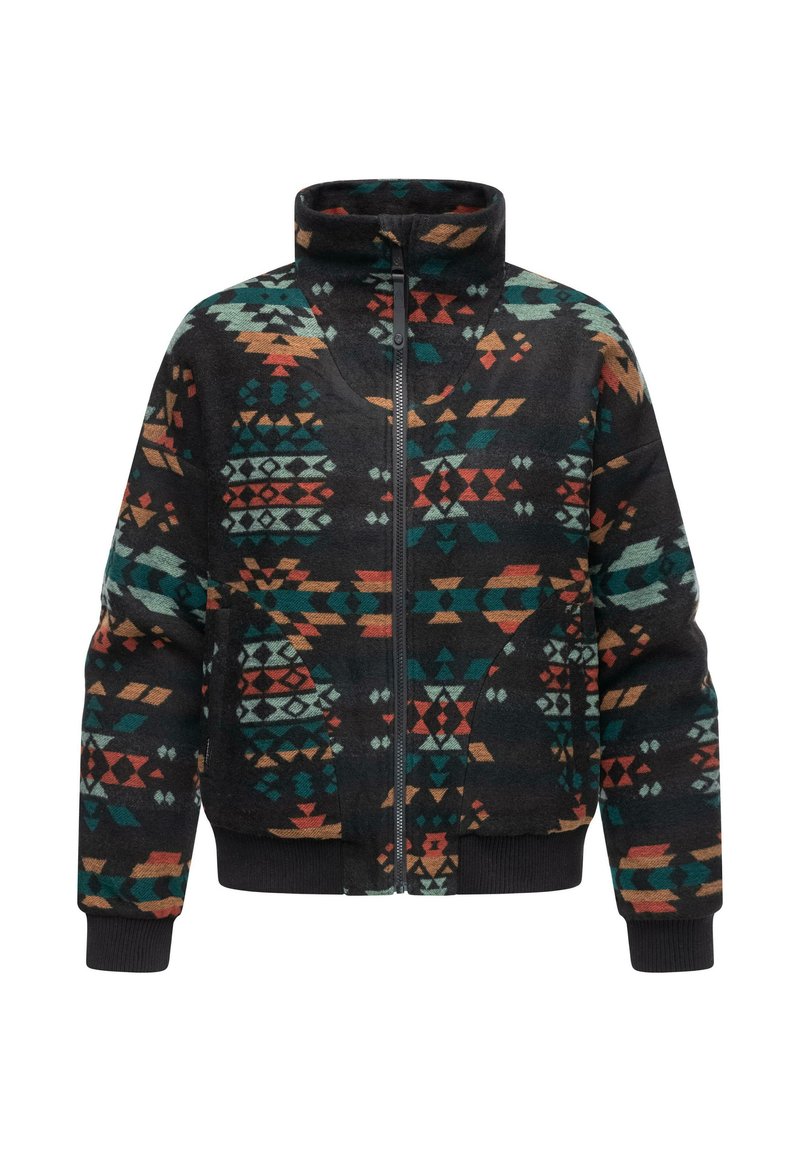 Giacca in pile con colletto alto, chiusura a zip e vivaci motivi geometrici in nero, turchese, arancione e crema. Presenta polsini a coste.