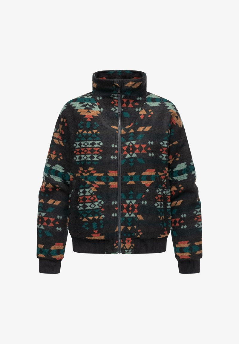 Flis jakna z visokim ovratnikom, z zadrgo in živahnimi geometrijskimi vzorci v črni, teal, oranžni in kremni barvi. Ima rebraste manšete.