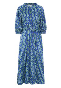 Duga haljina od plave tkanine s geometrijskim zelenim uzorkom, dugmadi na prednjem dijelu, elastičnim balon rukavima i odgovarajućim remenom u struku.