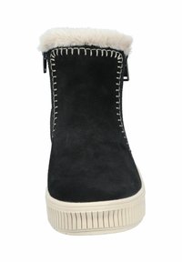 Schwarze Wildleder-Stiefelette mit beiger Gummisohle, weißen Nähten und einem weichen Fellkragen. Merkmale einen seitlichen Reißverschluss für ein einfaches Anziehen.