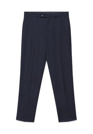 Pantalon formel bleu marine avec passants de ceinture, poches latérales et fermeture à bouton à la taille.