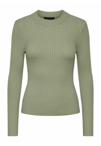 Pull ajusté à manches longues en maille côtelée de couleur vert sauge doux avec un col rond.