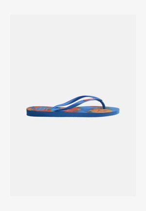 Μπλε σαγιονάρα με πορτοκαλί λουλουδάτο σχέδιο στην σόλα και απλή μπλε λουράκι με υφή αντιολισθητικό κράτημα.