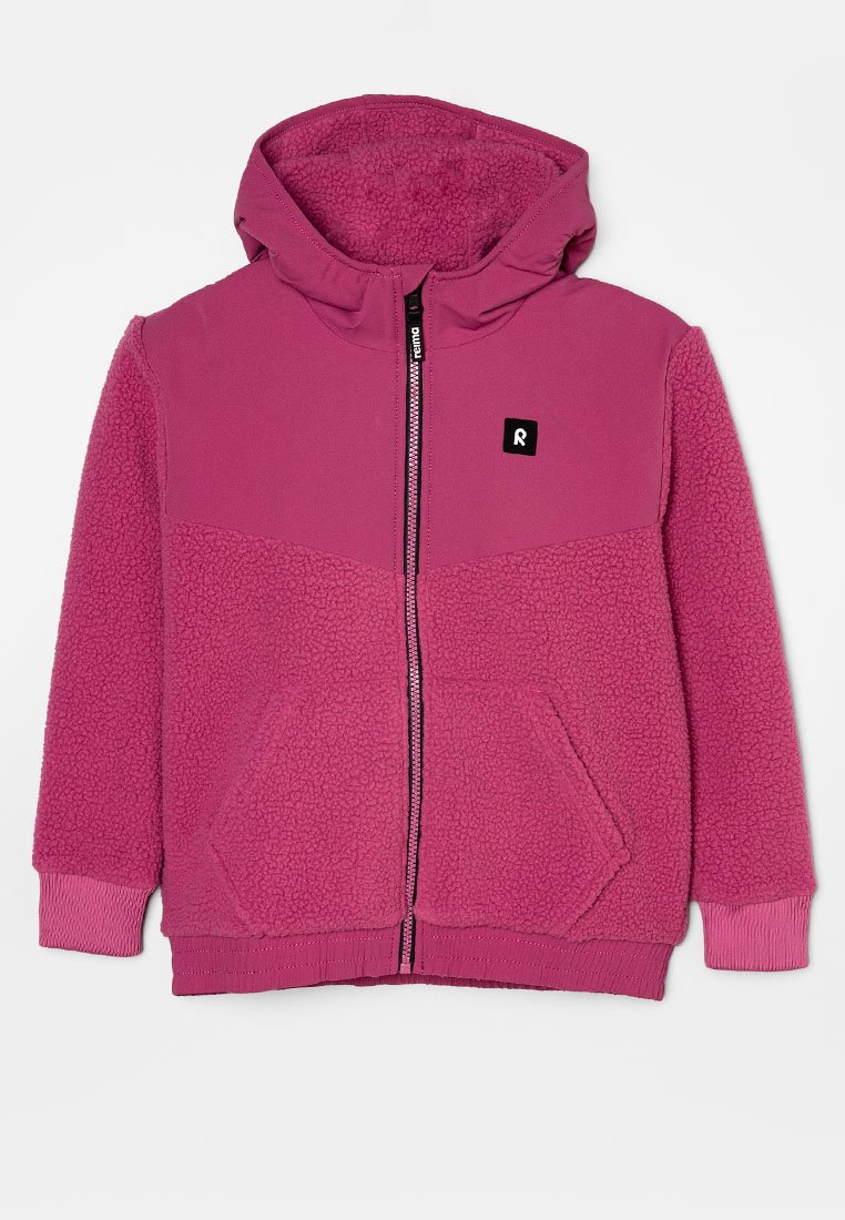 Fleece-Hoodie in leuchtendem Pink mit strukturiertem Körper, glatten Akzenten, Reißverschluss und Fronttaschen; verfügt über ein kleines Logo auf der Brust.