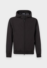 Μαύρο ελαφρύ μπουφάν με κουκούλα, διαθέτει ελαστικά μανίκια και τελείωμα, φερμουάρ ολόκληρου μήκους και διακριτική λεπτομέρεια λογότυπου στο στήθος.