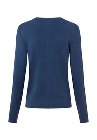 Blauwe gebreide trui met lange mouwen, ronde hals en een gladde textuur. Heeft een effen kleur en subtiele geribbelde details aan de zoom.