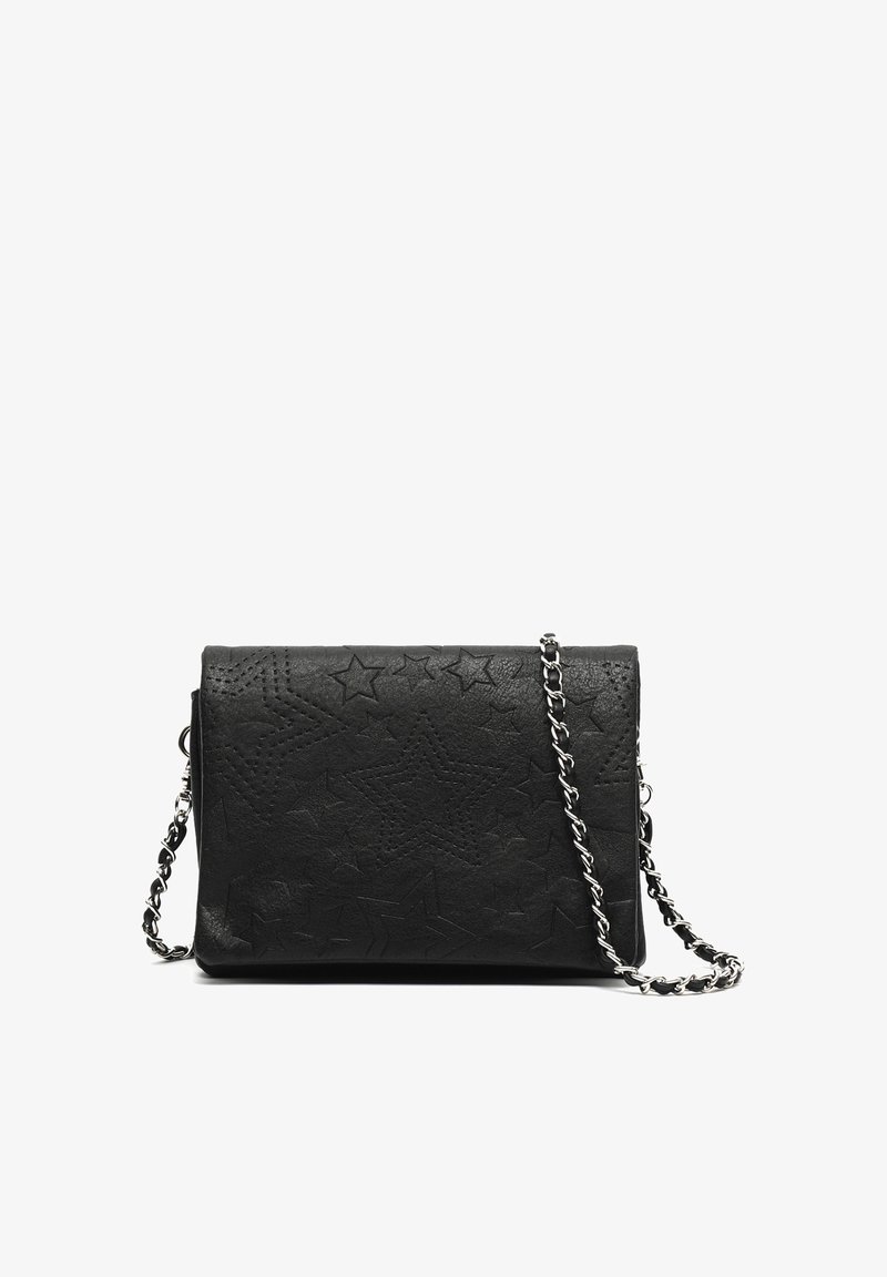 Black leather crossbody bag with embossed star patterns and a silver chain strap, displayed against a white background.