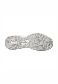 Suela de zapatilla deportiva con una superficie de goma blanca texturizada, que presenta un patrón en zigzag para mayor agarre y un pequeño detalle de logo en el centro.