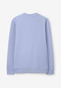 Sweat-shirt bleu clair à manches longues, col ras du cou et poignets côtelés. Texture douce avec une finition lisse. Design simple et de couleur unie.