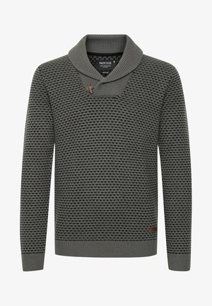 Knitted grey sweater with a textured pattern, shawl collar, and a decorative button detail. Ribbed cuffs and hem. Brand label on the side.