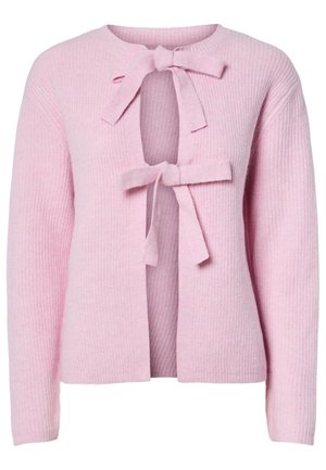 Lyserosa strikket cardigan med rund hals, som har to sløyfer foran og et åpent design. Stoffet har en ribbet tekstur.