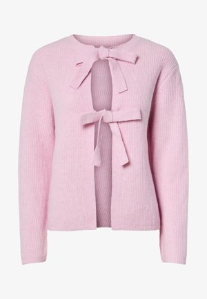 Lyserosa strikket cardigan med rund hals, som har to sløyfer foran og et åpent design. Stoffet har en ribbet tekstur.