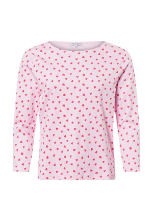 Pink long-sleeve shirt with a round neckline and scattered red heart pattern. Made of soft fabric with a smooth texture.