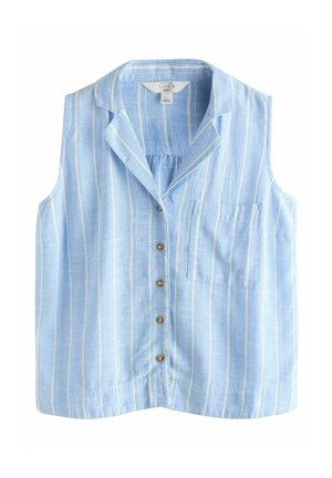 Varrukata helesinine linasest kangast pluus valgete vertikaalsete triipude, pruunide nööpidega ees, kaeluse ja vasakpoolse rinnataskuga.