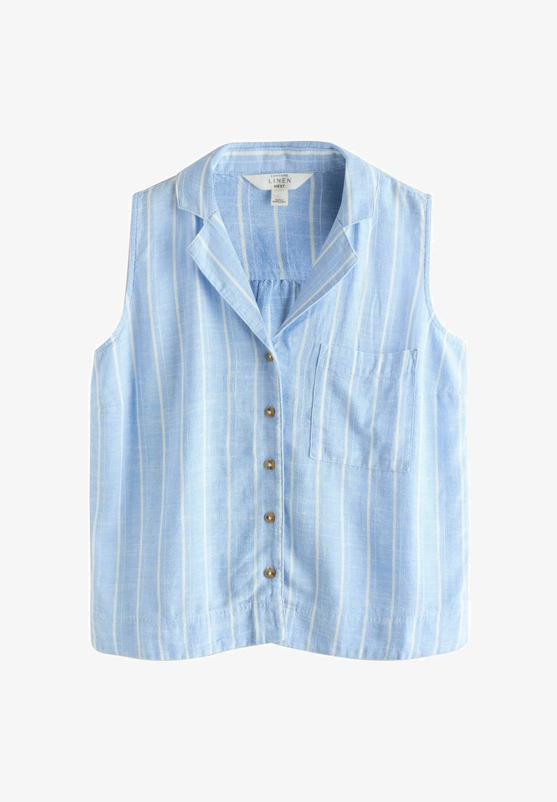 Brezrokavna svetlo modra lanena bluza z belimi navpičnimi črtami, rjavi gumbi spredaj, ovratnik in prsni žep na levi strani.