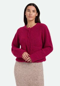 Fuchsia Strickjacke mit langen Ärmeln, rundem Hals, zwei vorderen Taschen und strukturiertem Oberflächen, kombiniert mit einem beigen, taillierten Rock.