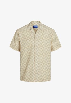 Šviesiai smėlinės spalvos trumpomis rankovėmis marškiniai, puošti geometriniu trikampių raštu, su apykakle ir priekinio mygtukų uždarymu.