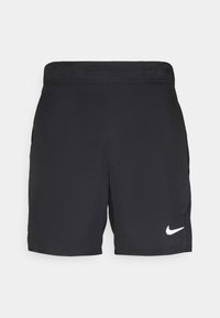 Pantalones cortos deportivos negros hechos de tela ligera, con una cinturilla elástica, bolsillos laterales y un logo blanco de Nike en la parte inferior izquierda.