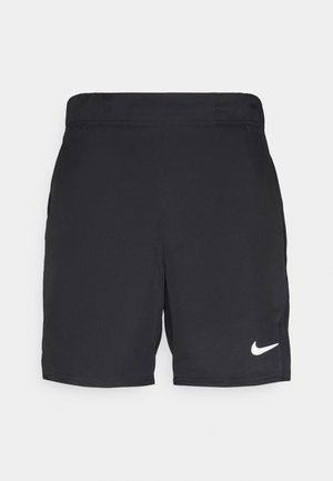 Pantalones cortos deportivos negros hechos de tela ligera, con una cinturilla elástica, bolsillos laterales y un logo blanco de Nike en la parte inferior izquierda.