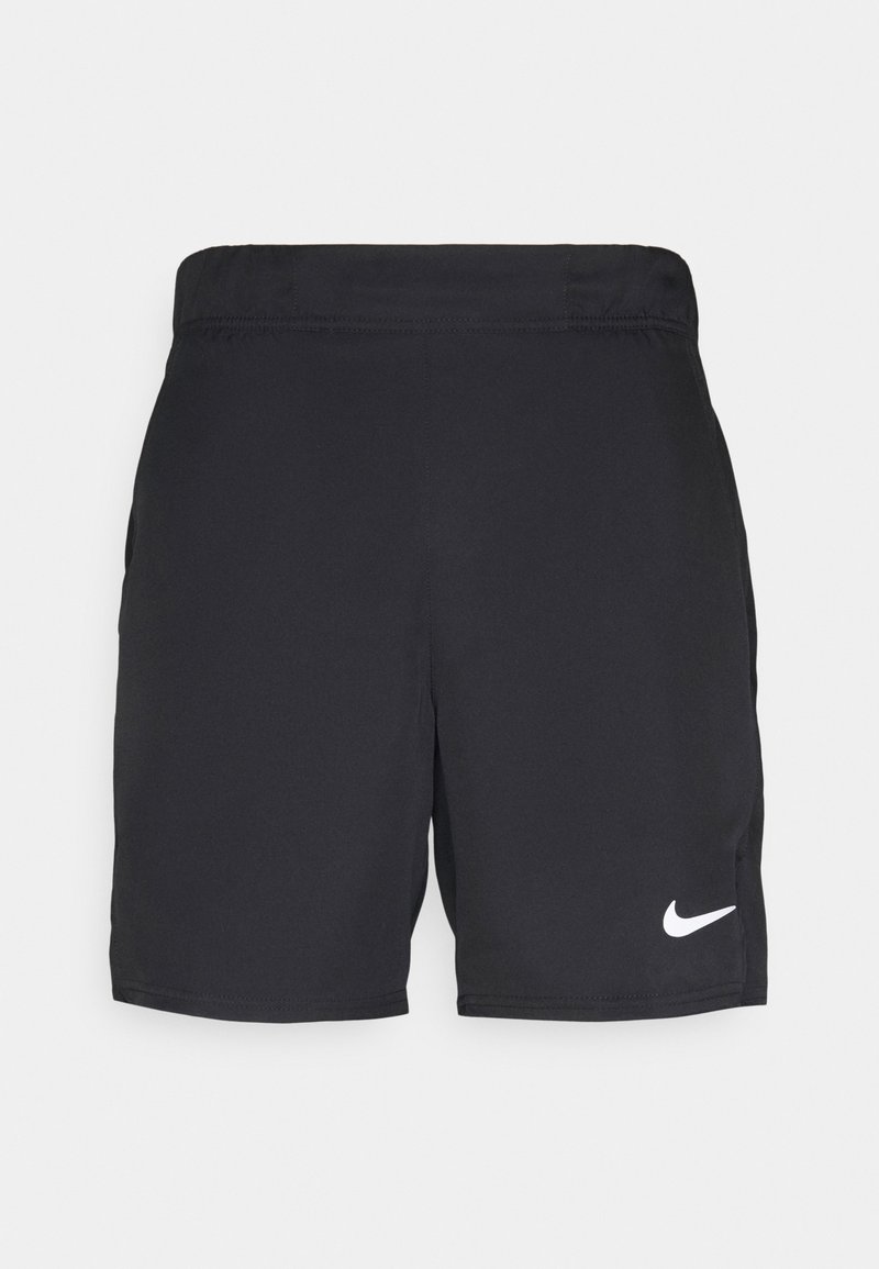 Pantalones cortos deportivos negros hechos de tela ligera, con una cinturilla elástica, bolsillos laterales y un logo blanco de Nike en la parte inferior izquierda.