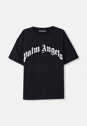 T-shirt en coton noir à manches courtes et col rond, avec le texte blanc "palm angels" en police cursive et ornée sur le devant.
