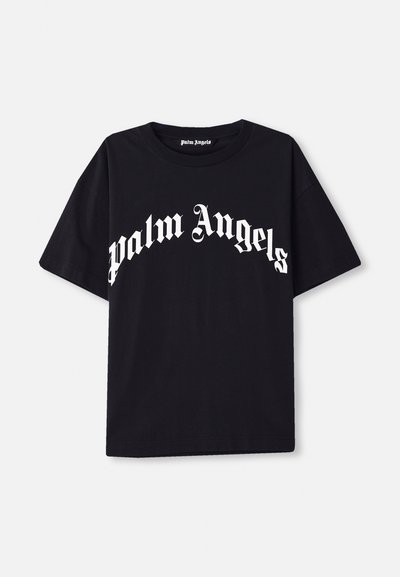 Melnas kokvilnas T-krekls ar īsām piedurknēm un apaļo kakla izgriezumu, ar baltu tekstu "palm angels" izliektā, greznā fontā uz priekšpuses.