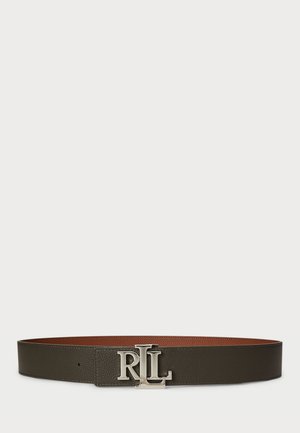 Dark green leather belt with a pebbled texture, featuring a silver "RL" logo buckle and brown interior lining.