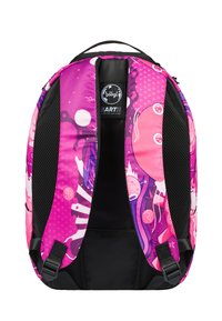 Zaino colorato rosa e viola con un design cartoon, spallacci in rete e un pannello frontale nero con un'etichetta del logo. Modello in edizione limitata.