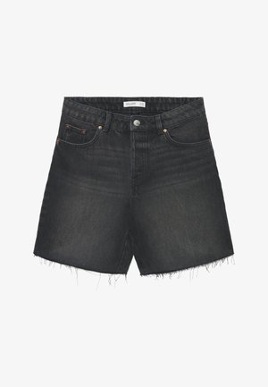 Shorts in denim nero con orli sfilacciati, bottone frontale, passanti per cintura e design a cinque tasche, distesi su uno sfondo bianco.