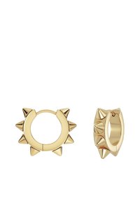 Pendientes de aro en tono dorado que presentan un diseño circular con picos puntiagudos espaciados uniformemente y un acabado pulido, destacando acentos geométricos.