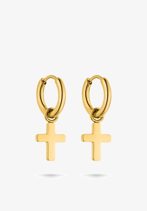Gouden creolen met een gladde afwerking, voorzien van een klein kruisje als hanger. Het ontwerp is minimalistisch met een gepolijste textuur.