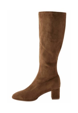 Brown suede knee-high boot with a square toe, block heel, and smooth texture. Features minimal stitching and a fitted silhouette.