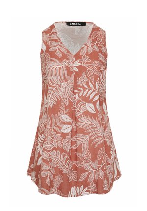 Tunique sans manches orange rouille avec des motifs blancs de feuilles tropicales et de fleurs, col en V.