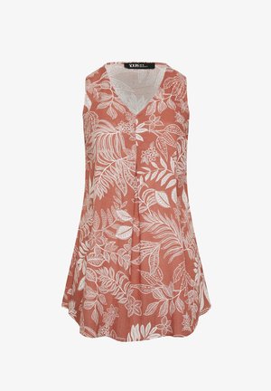 Tunique sans manches orange rouille avec des motifs blancs de feuilles tropicales et de fleurs, col en V.