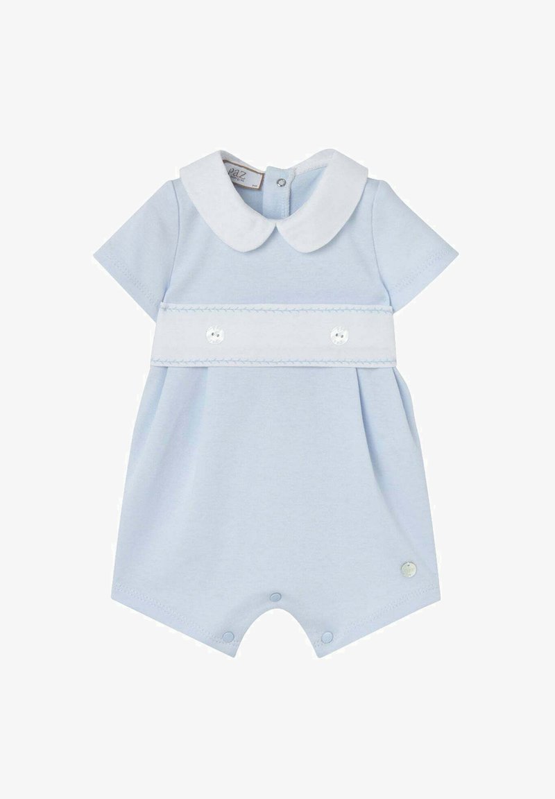 Tutina per bebé a maniche corte azzurro chiaro con colletto bianco alla Peter Pan, banda decorativa bianca con bottoni sul petto e chiusura a scatto sulle gambe.