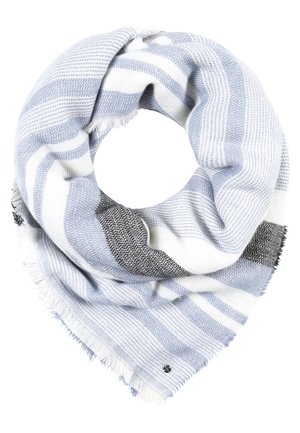 Soft scarf with light blue, white, and gray horizontal stripes, knitted texture, and fringed edges, folded in a circular shape.
