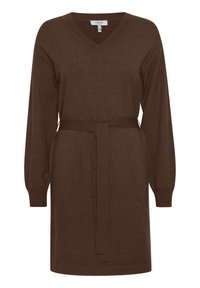 Abito in maglia marrone con maniche lunghe e puffate, scollatura a V e cintura annodabile in vita. Presenta un tessuto testurizzato e una lunghezza fino a metà coscia.