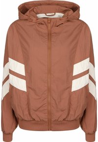 Brown hooded jacket with white diagonal stripes on sleeves, zip front, elastic cuffs, and hem; made from lightweight fabric with a textured finish.