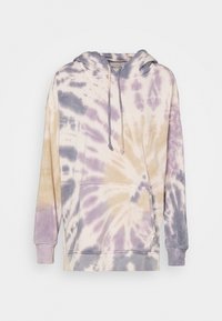 Hoodie tie-dye con sfumature di lavanda, crema e grigio. Realizzato in tessuto morbido con tasca a marsupio e cappuccio regolabile con coulisse.