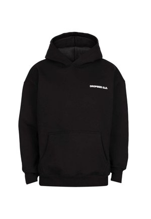 Schwarze Kapuzenjacke mit frontaler Kängurutasche und weißem "DROPSIZE CLO."-Text auf der linken Brust, mit lockerer Passform und gerippten Bündchen.
