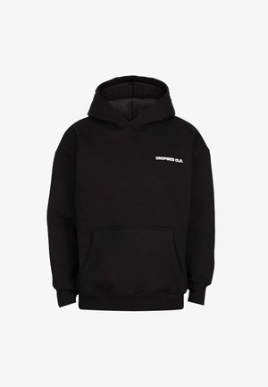 Čierna mikina s kapucňou a prednou vrecko, na ľavej hrudi s bielym textom "DROPSIZE CLO.", s voľným strihom a rebrovanými manžetami.